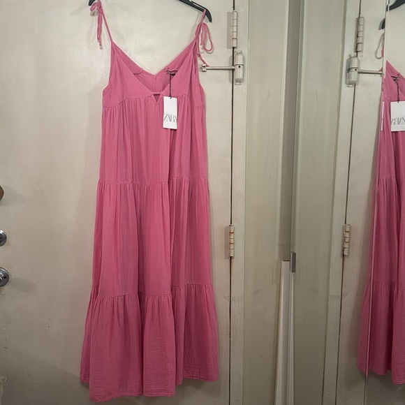 ZARA brand NEW with tags pink gauze cotton maxi dress with tie straps in Sz.L - Picture 8 of 9